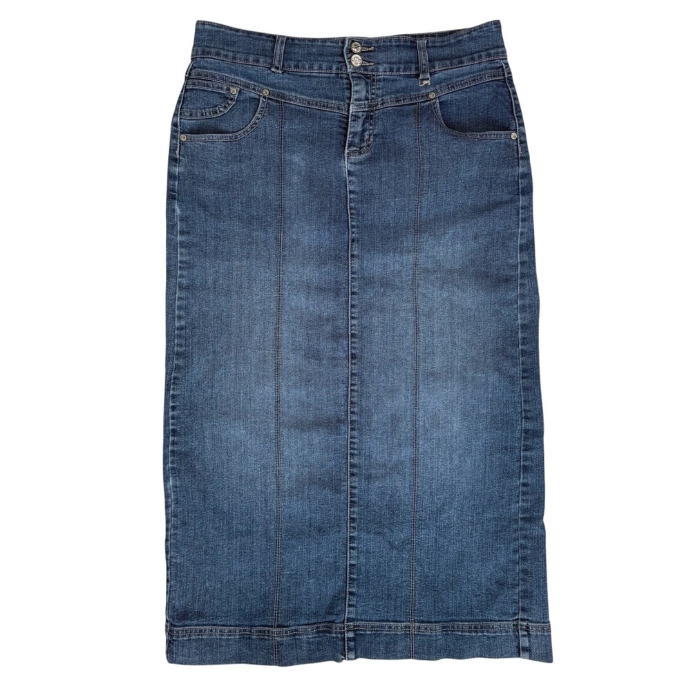 Classic Blue Midi Denim Skirt Womens 8 Straight Seam Slit Stretch Casual Modest